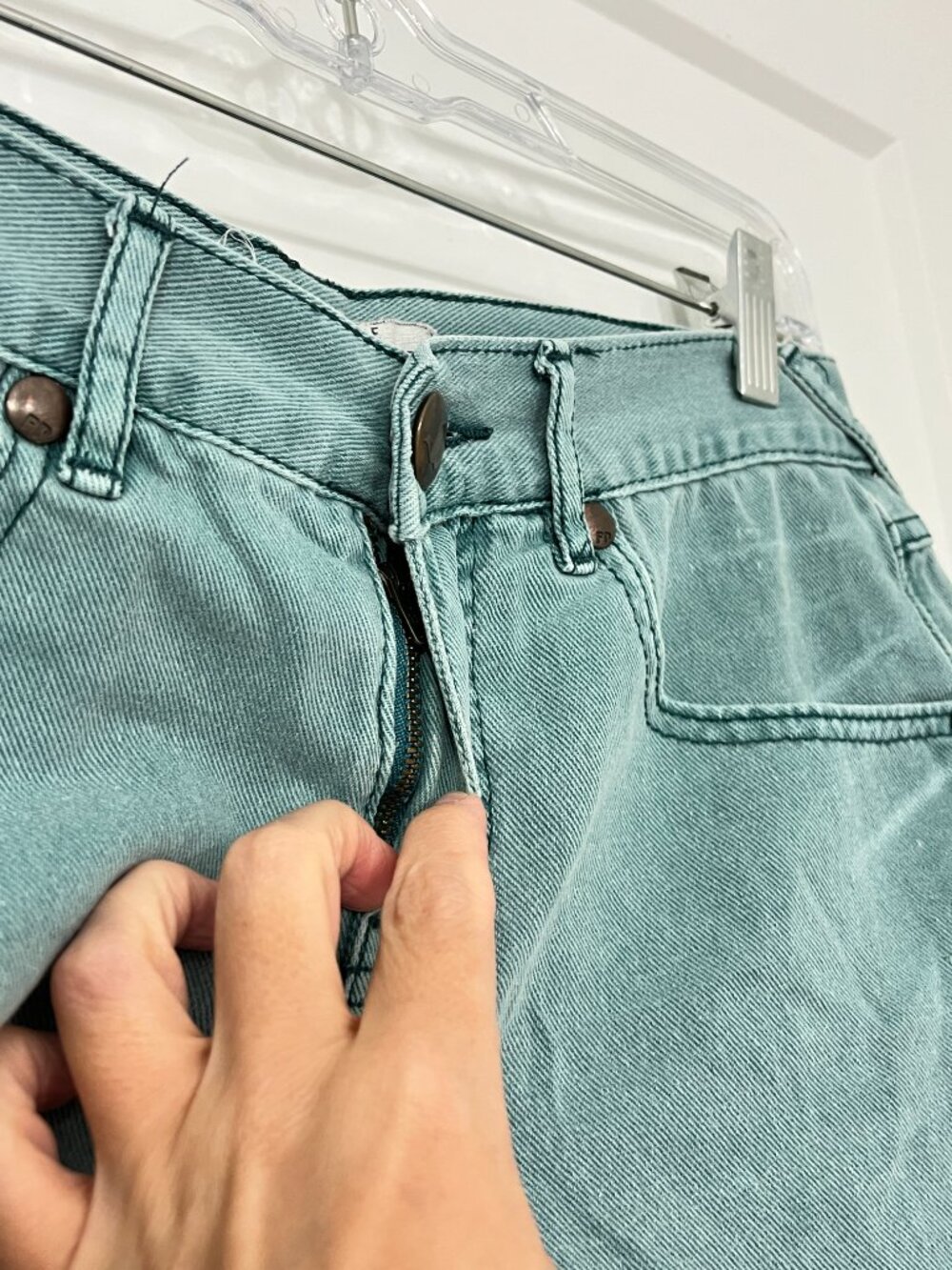 Free People Size 26 Green / Blue Denim Cutoff Shorts - Picture 2 of 8